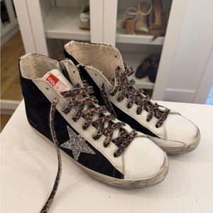Golden Goose Francy 39 Black Corduroy Shearling Glitter Star High Top Sneakers